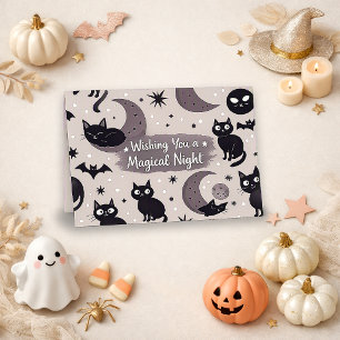 Spooky Grey Whimsical Black Cat Moon Card Design