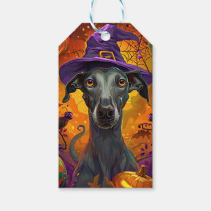 Spooky Greyhound Dog Halloween Witch And Pumpkin Gift Tags