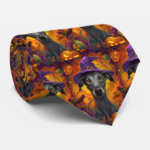 Spooky Greyhound Dog Halloween Witch And Pumpkin Tie