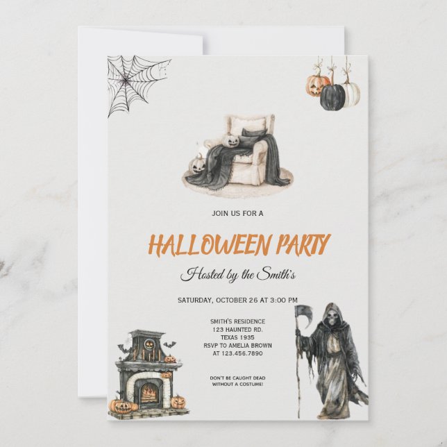Spooky Grim Reaper and Pumpkin Halloween Party  Invitation (Front)