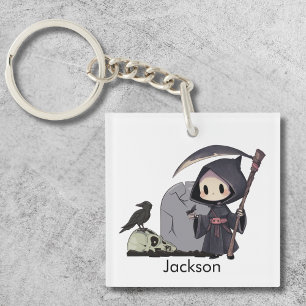 Spooky Grim Reaper Graveyard Crow Gothic Halloween Key Ring