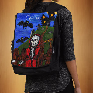 Spooky Grim Reaper Skeleton Red Cape Bats Backpack