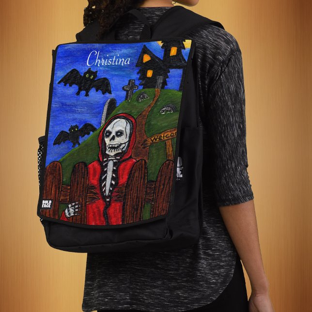 Spooky Grim Reaper Skeleton Red Cape Bats Backpack (Grim Reaper red Cape Haunted house cemetery bats in blue night sky on back pack.)