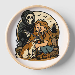 Spooky Grim Reaper with Girl and Dog Skeleton Art  Clock