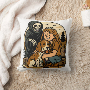 Spooky Grim Reaper with Girl and Dog Skeleton Art  Cushion