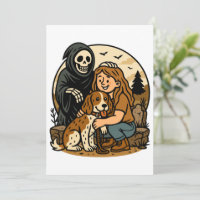 Spooky Grim Reaper with Girl and Dog Skeleton Art 