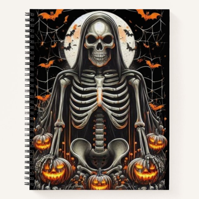 Spooky Grim Skeleton & Glowing Pumpkins Halloween Notebook (Front)