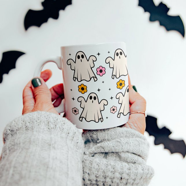 Spooky Groovy Ghosts & Flowers Halloween Coffee Mug (Creator Uploaded)