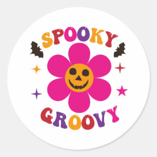 Spooky Groovy Pink Flower Halloween Classic Round Sticker