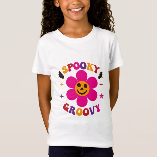 Spooky Groovy Pink Flower Halloween  T-Shirt (Front)