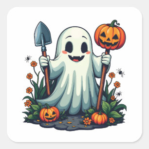 Spooky Halloween Autumn Gardening Ghost Pumpkin Square Sticker