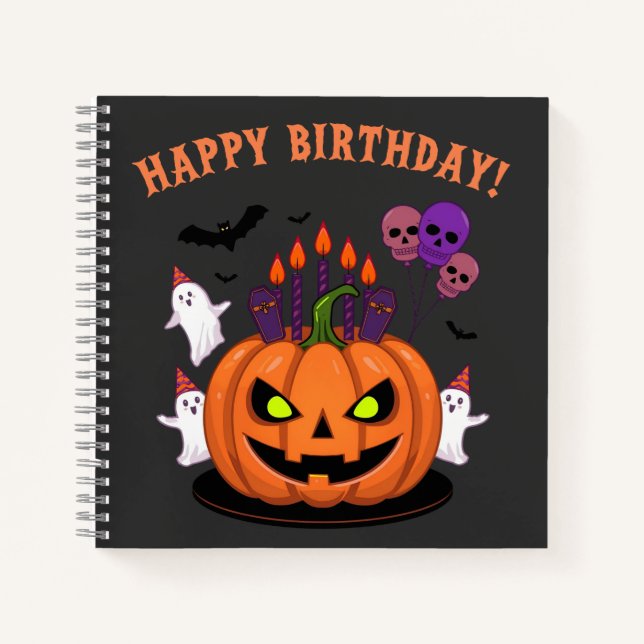 Spooky Halloween B-day Pumpkin Cake & Ghosts Notebook (Front)