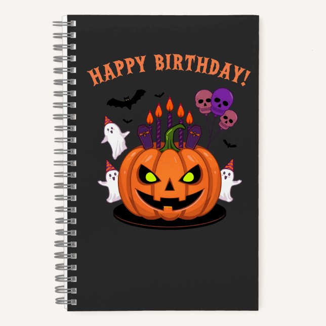 Spooky Halloween B-day Pumpkin Cake & Ghosts Notebook (Front)