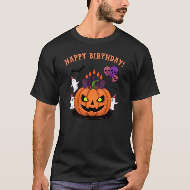 Spooky Halloween B-day Pumpkin Cake & Ghosts T-Shirt (Front)