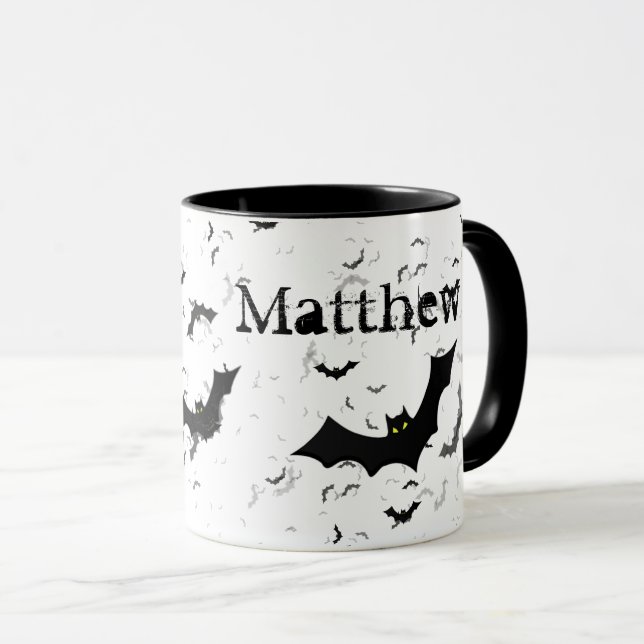 Spooky Halloween Bats, Your Name  Black/White Mug (Front Right)