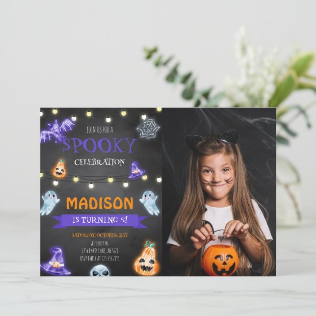 Spooky Halloween Birthday Photo Invitation (Standing Front)