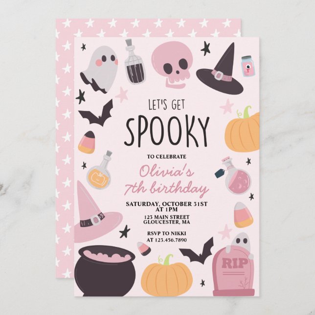 Spooky Halloween Birthday Pink Invitation (Front/Back)