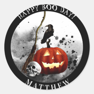 Spooky Halloween Birthday Pumpkin Crow Skull Classic Round Sticker