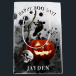 Spooky Halloween Birthday Pumpkin Crow Skull  Medium Gift Bag<br><div class="desc">This spooky Halloween gift bag is perfect for a Halloween birthday party. This gift bag for Halloween birthday party features black splotched ink background with a jack o'lantern,  human skull,  black crow,  and a witches broom. Personalise with the name of your choice.</div>