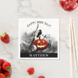 Spooky Halloween Birthday Pumpkin Crow Skull   Napkin<br><div class="desc">These spooky Halloween paper napkins are perfect for a Halloween birthday party. These party napkins for Halloween birthday feature a black splotched ink background with a fiery jack o'lantern,  human skull,  black crow,  and a witches broom. Personalise with the name of your choice.</div>