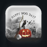 Spooky Halloween Birthday Pumpkin Crow Skull   Paper Plate<br><div class="desc">These spooky Halloween paper plates are perfect for a Halloween birthday party. These party plates for Halloween birthday feature a black splotchy ink background with a fiery jack o'lantern,  a human skull,  a black crow,  and a witches broom.</div>