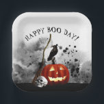 Spooky Halloween Birthday Pumpkin Crow Skull   Paper Plate<br><div class="desc">These spooky Halloween paper plates are perfect for a Halloween birthday party. These party plates for Halloween birthday feature a black splotchy ink background with a fiery jack o'lantern,  a human skull,  a black crow,  and a witches broom.</div>