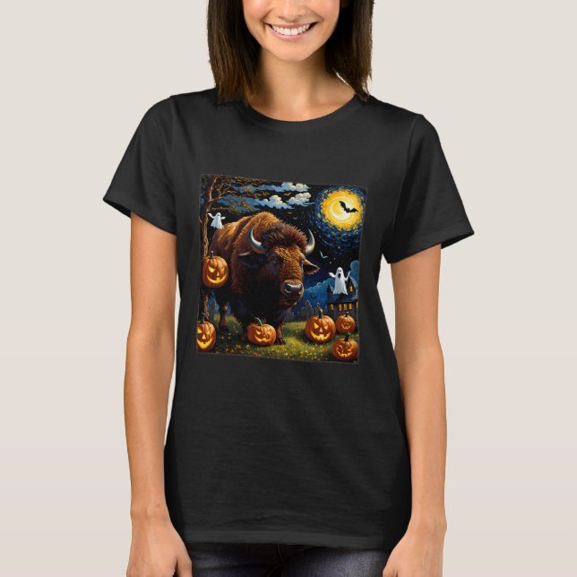 Spooky Halloween Bison Starry Night  T-Shirt (Front)