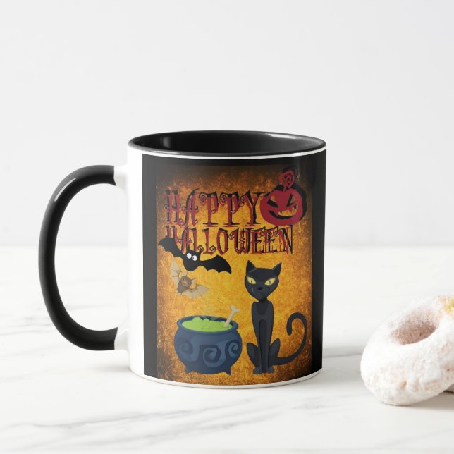 Spooky Halloween Black Cat Magic Mug (With Donut)