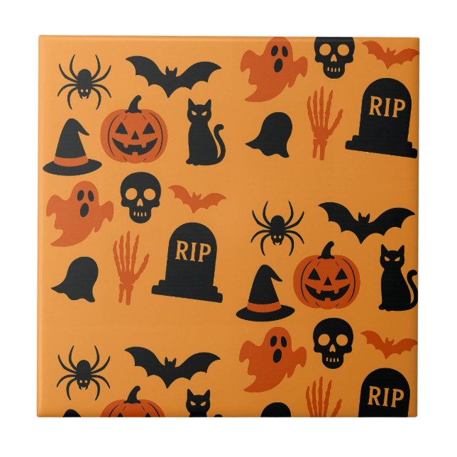 Spooky Halloween Black Orange Ceramic Tile | Trick (Front)