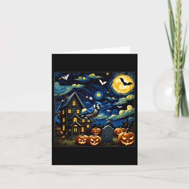 Spooky Halloween Blue Jay Starry Night  Card (Front)
