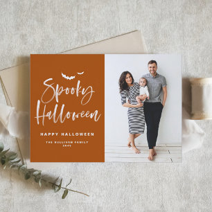 Spooky Halloween Brush Lettering Orange Photo Holiday Card