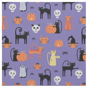 Spooky Halloween Cat Pattern Purple Fabric