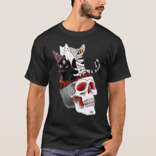 Spooky Halloween cats coming out of skull brain co T-Shirt
