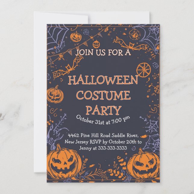 Spooky Halloween Costume Party Fun Pumpkin & Bat  Invitation (Front)