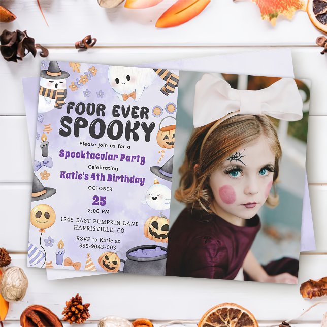Spooky Halloween Cute Ghost 4th Birthday Photo Invitation (Creator Uploaded)