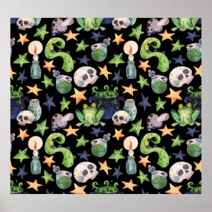 Spooky Halloween: Dark Hand-Drawn Pattern. Poster
