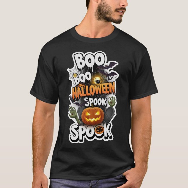 Spooky Halloween design with pumpkins bats spider  T-Shirt (Front)