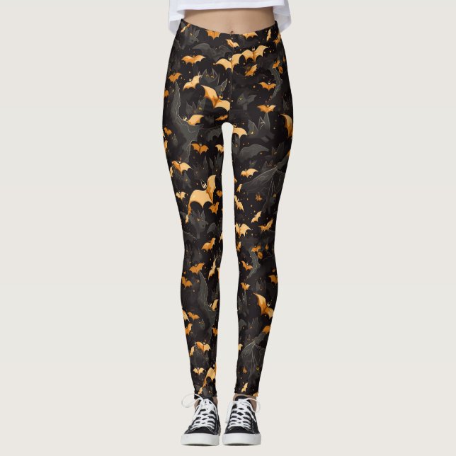 Spooky Halloween Flying Bats Black Orange White Leggings (Front)