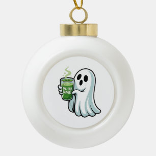 Spooky Halloween Ghost Drinking Matcha Drink Ceramic Ball Christmas Ornament