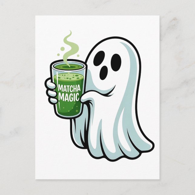 Spooky Halloween Ghost Drinking Matcha Drink  Invitation Postcard (Front)