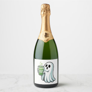 Spooky Halloween Ghost Drinking Matcha Drink Sparkling Wine Label