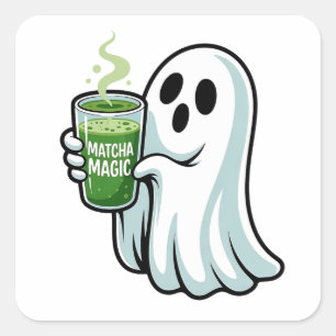 Spooky Halloween Ghost Drinking Matcha Drink Square Sticker