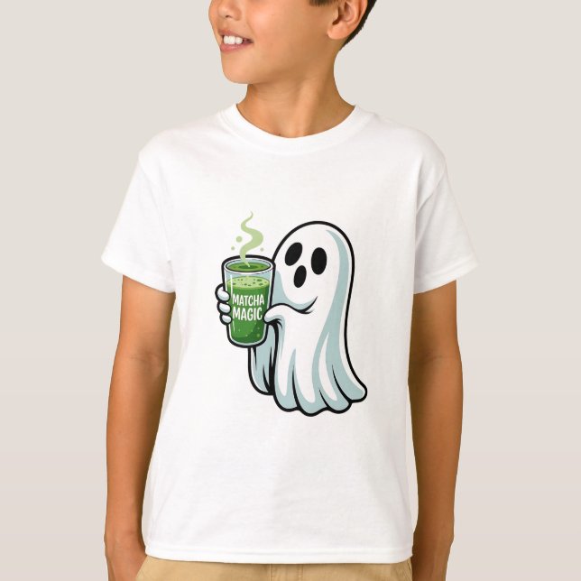 Spooky Halloween Ghost Drinking Matcha Drink  T-Shirt (Front)