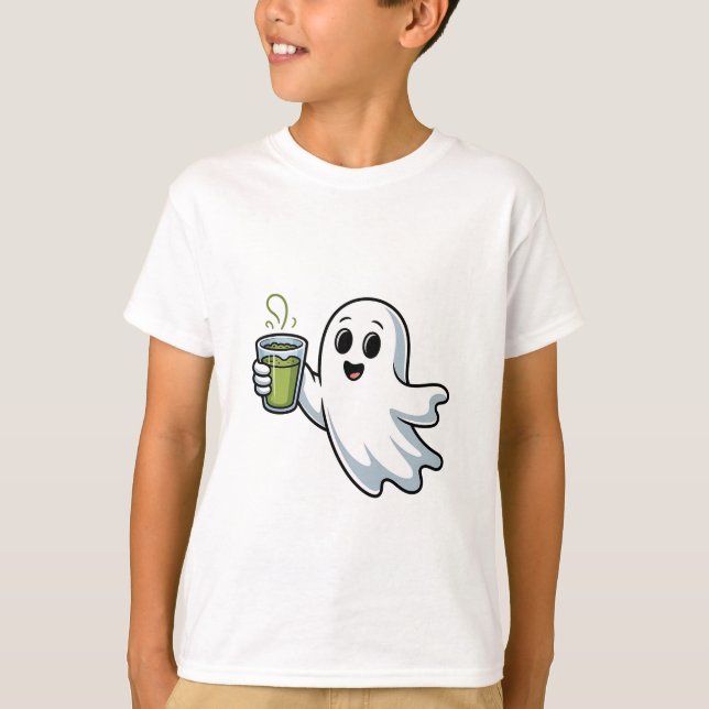 Spooky Halloween Ghost Holding Matcha  T-Shirt (Front)