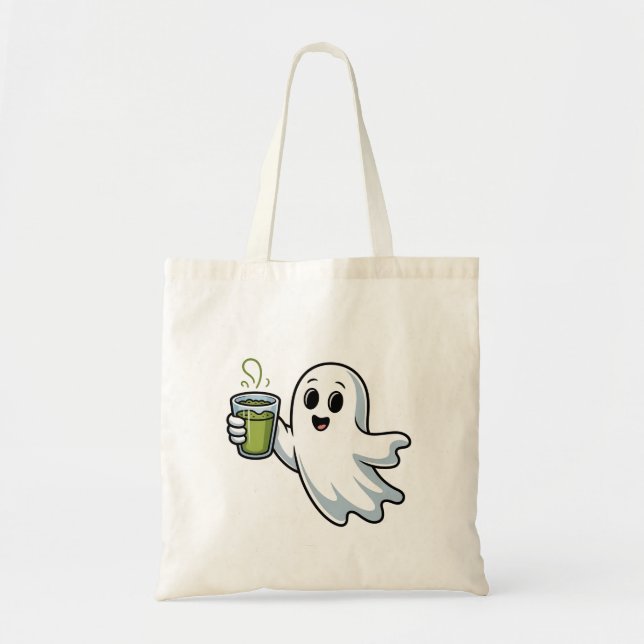 Spooky Halloween Ghost Holding Matcha  Tote Bag (Front)