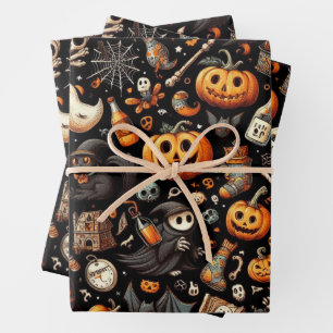 Spooky Halloween Ghost Pattern Black  Wrapping Paper Sheet