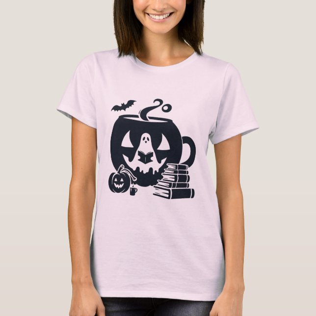 Spooky Halloween Ghost Reading with Pumpkin T-Shirt (Front)