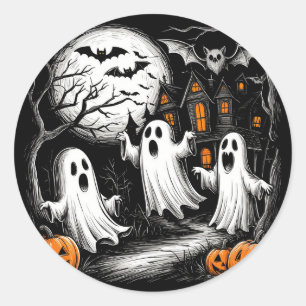 Spooky Halloween Ghost Scene Classic Round Sticker