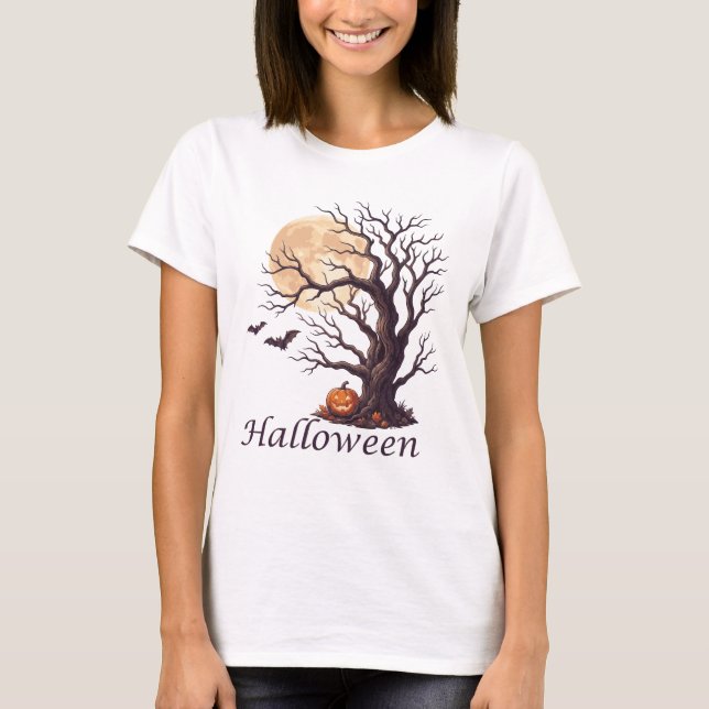 Spooky Halloween Gnarled Tree Jack-o'-Lantern T-Shirt (Front)