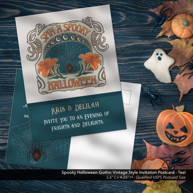 Spooky Halloween Gothic Vintage Style Invitation Postcard (Spooky Halloween Gothic Vintage Style Invitation Postcard - Shown in Teal, Front)